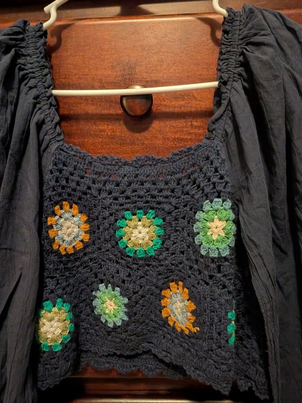 Aerie crochet top. Navy, "granny squares"